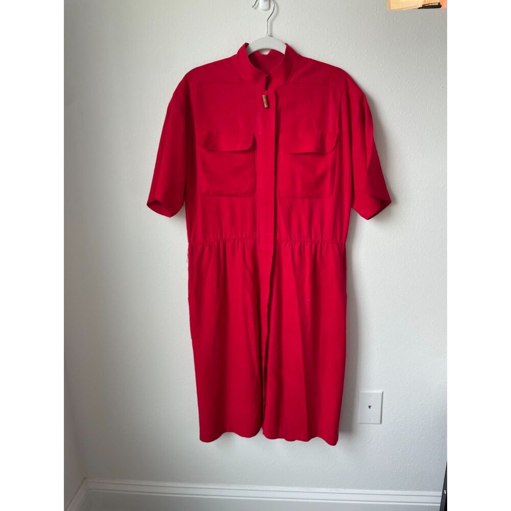 OFFICE SIREN 100% Silk Red 10 Vintage Liz Claiborne Utility Midi Shirt Dress